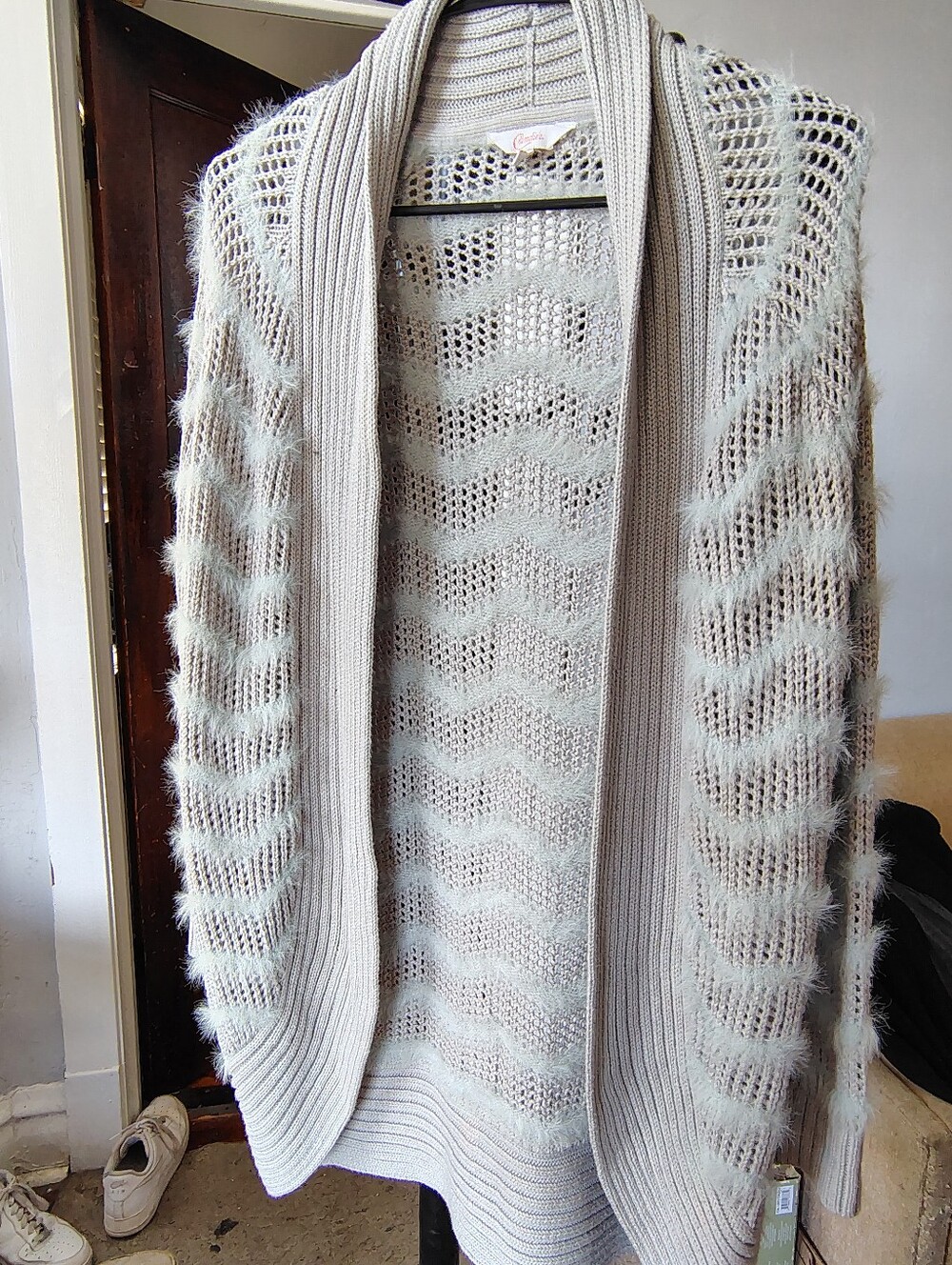 Light Gray Open-Front Cozy Crochet Cardigan Sweater